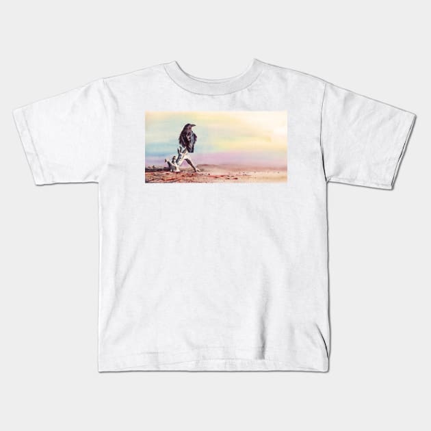 The Drifter - Raven on Driftwood on beach Kids T-Shirt by Mightyfineart